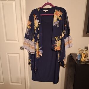 Sandra Darren Navy Dress with Floral Kimono Style Sheer Jacket